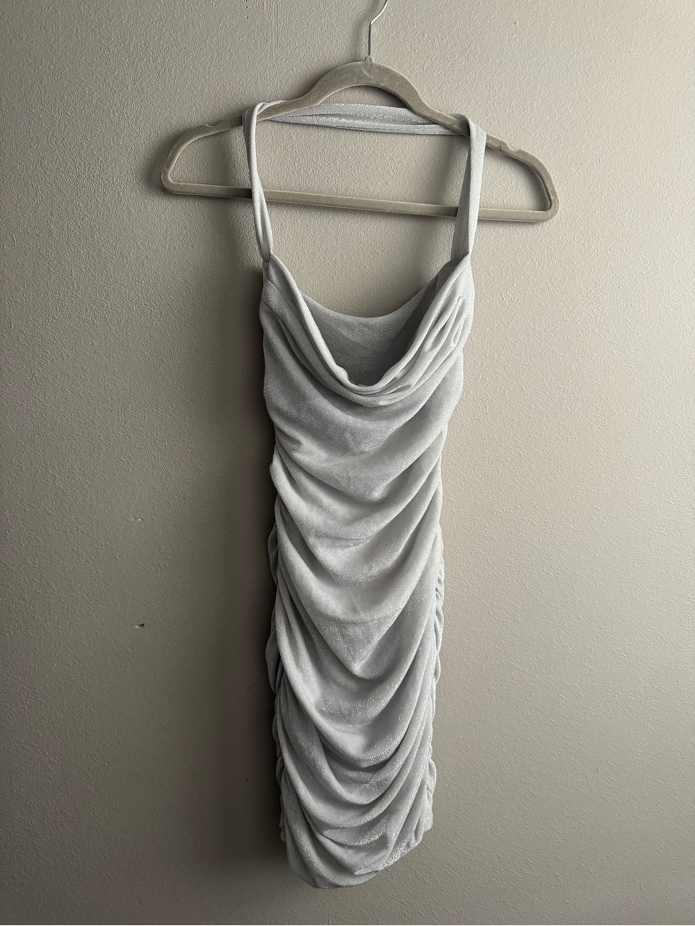 Oh Polly Waking Moon Metallic Ruched Halter Cowl Neck Mini Dress Silver Size 4